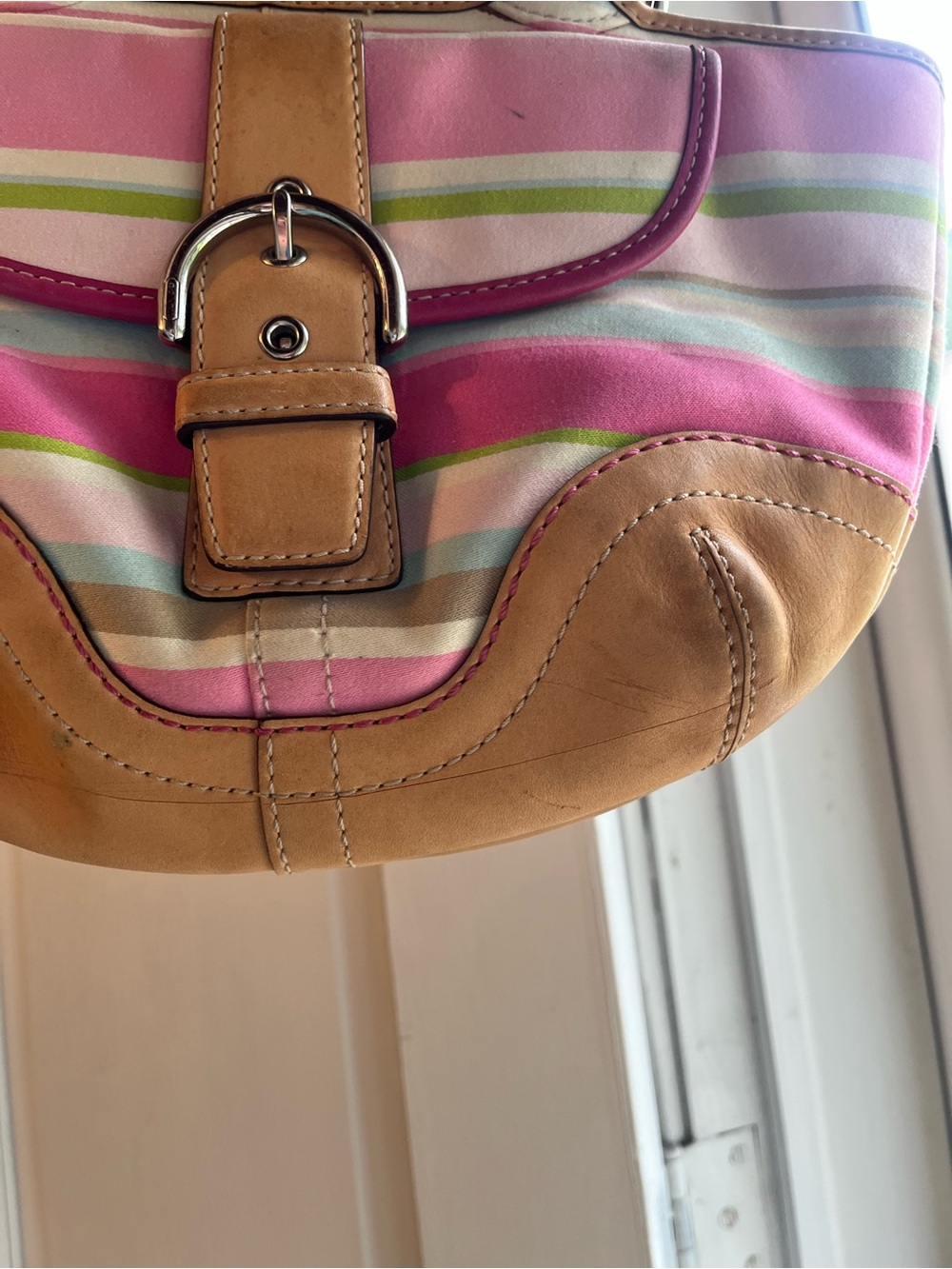 Coach Pink, Cream & Green Striped Soho Shoulder Bag with Tan Trim - Picture 3 of 8